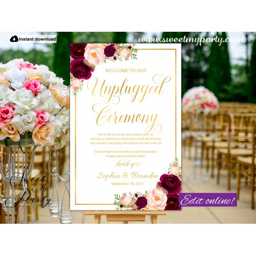 Burgundy Unplgged Ceremony sign,Gold Unplugged Wedding sign,(61cw)